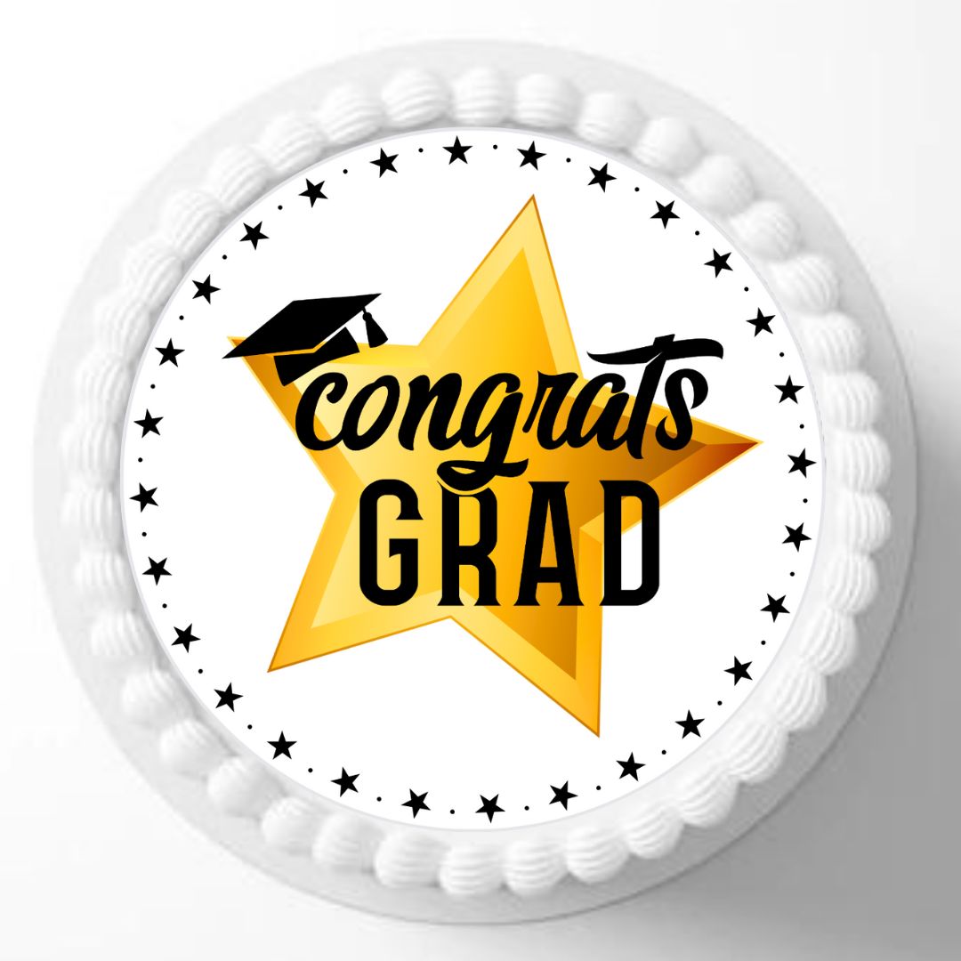 Decorative cake topper with 'Congrats Grad' text and star design on a white background