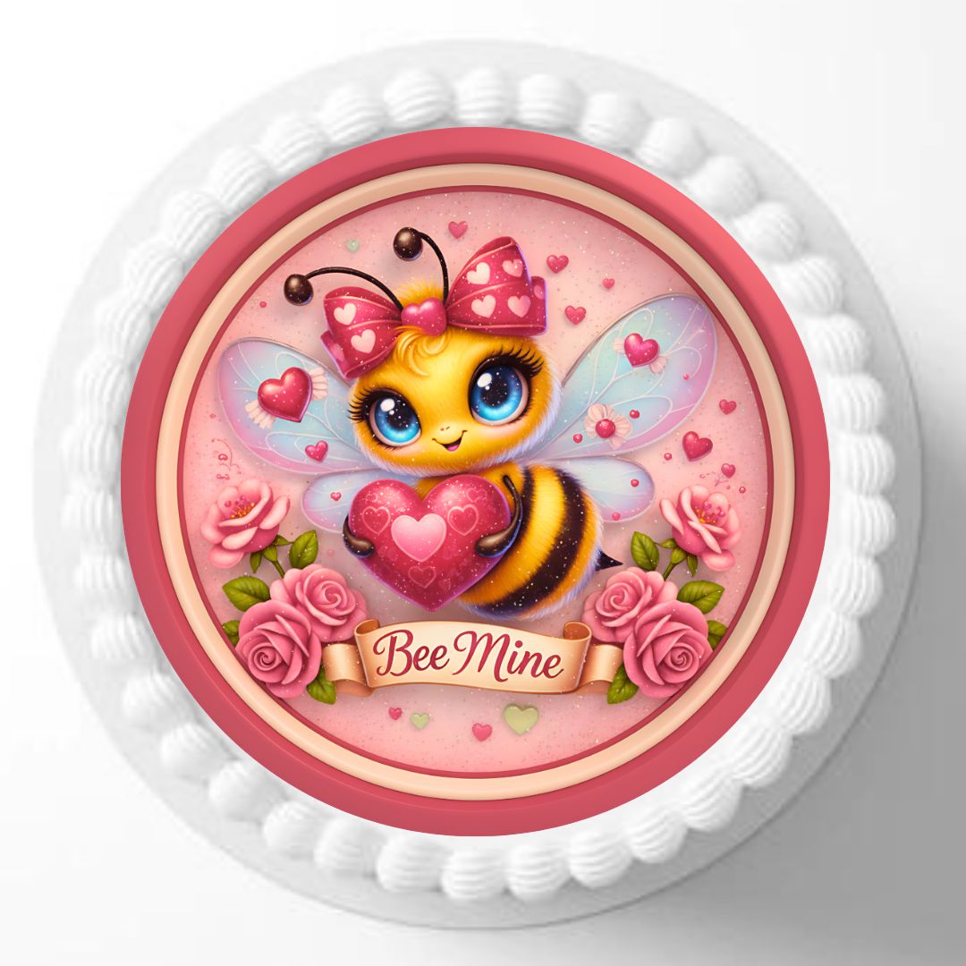Cartoon bee with a pink bow and heart surrounded by roses on a pink background