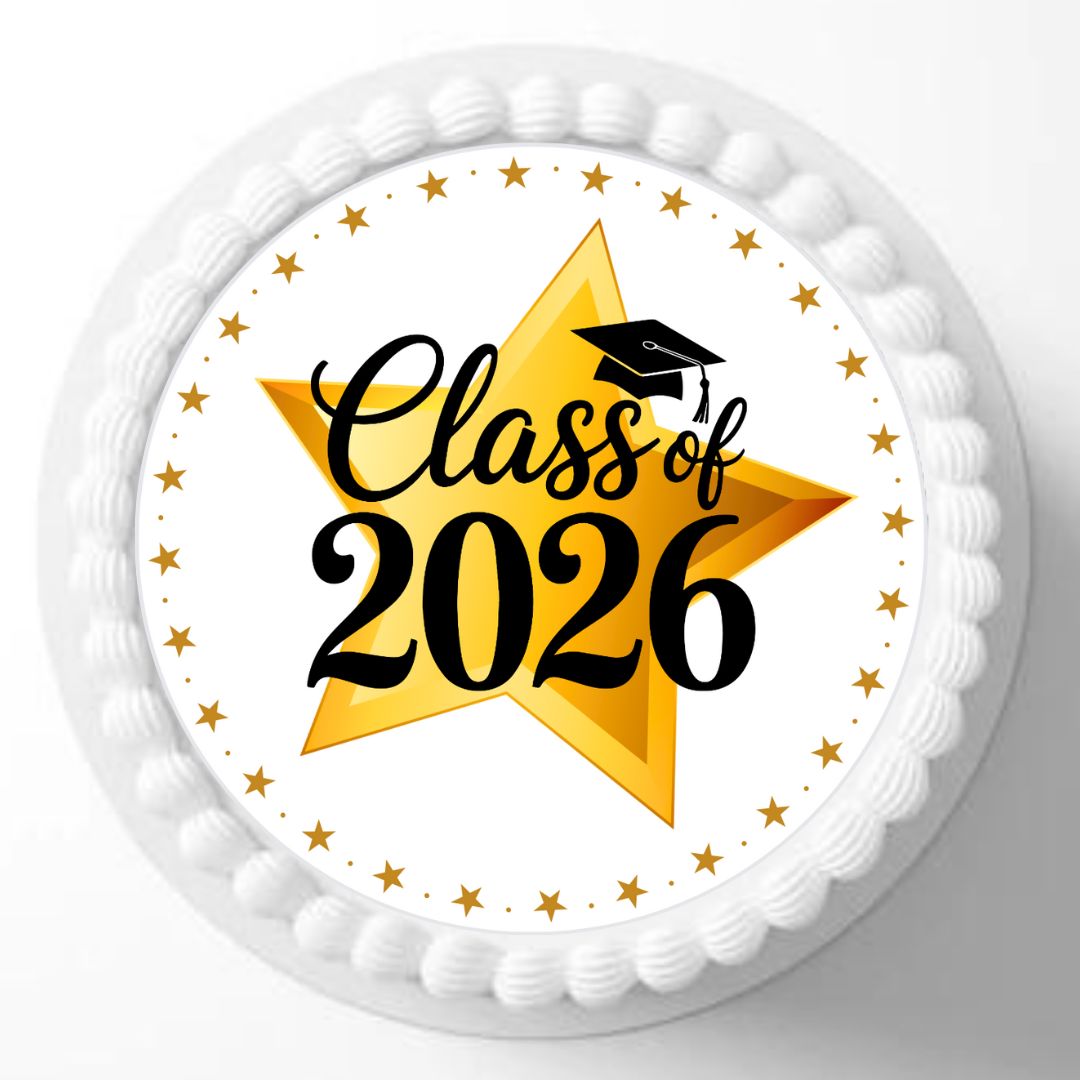 Decorative plate with 'Class of 2026' text and graduation cap design on a white background.