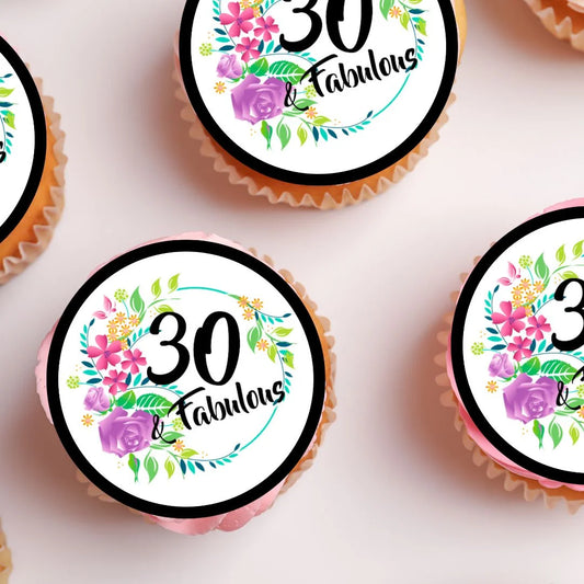 close up of 30 and fabulous cupcake toppers with floral details 