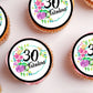 close up of 30 and fabulous cupcake toppers with floral details 