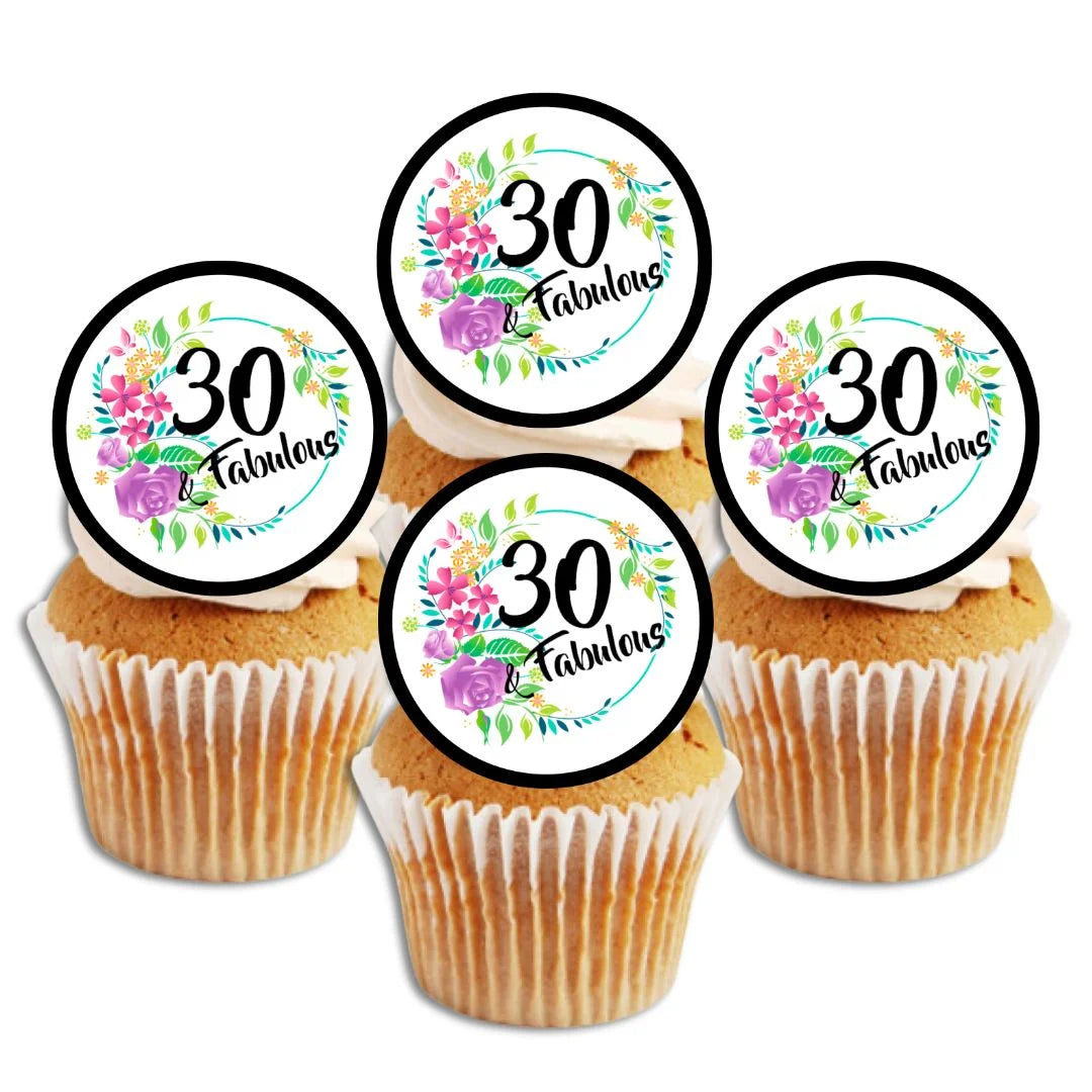 cupcakes with white frosting and edible '30 and fabulous' toppers 