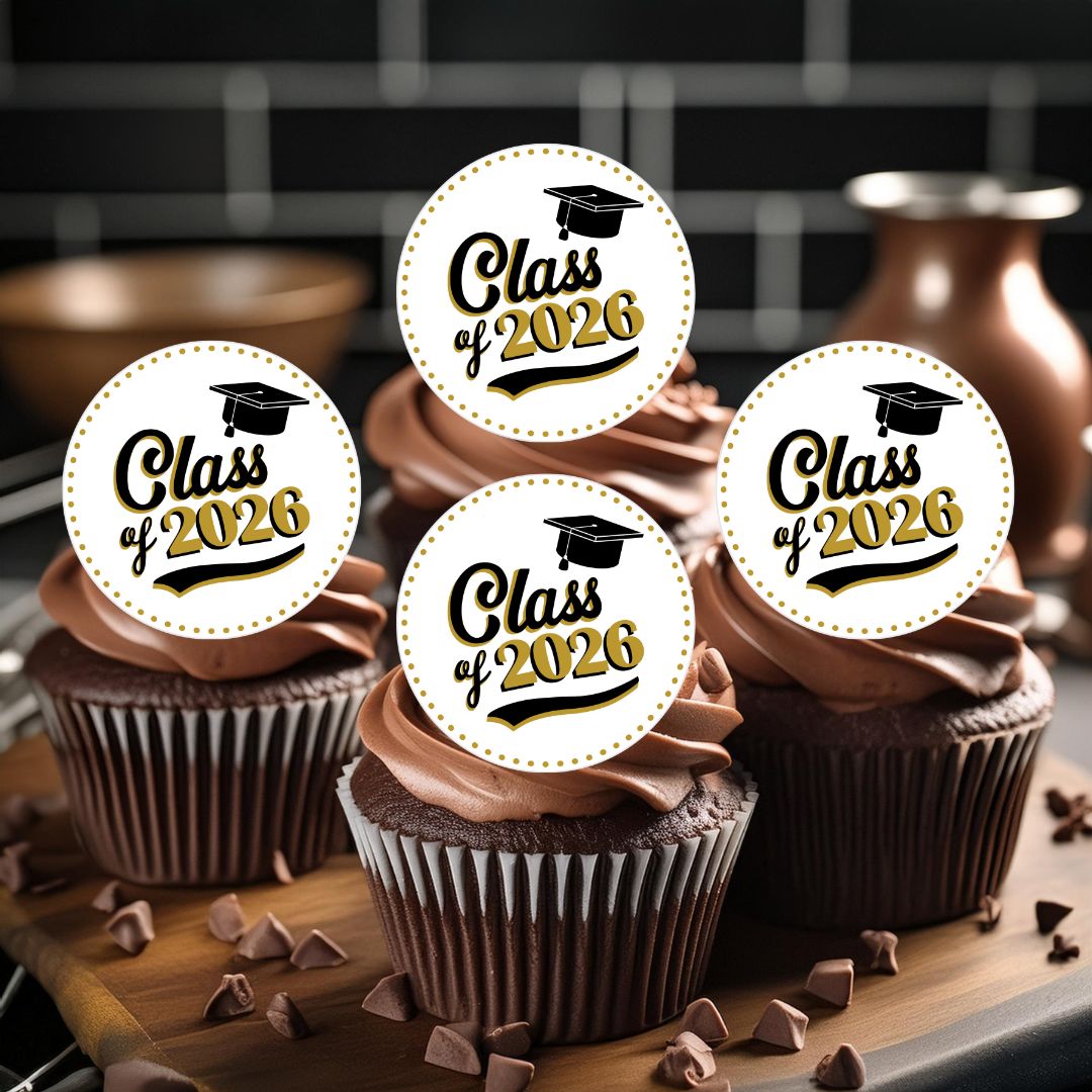 Gold Graduation 2026 Edible Cupcake Toppers