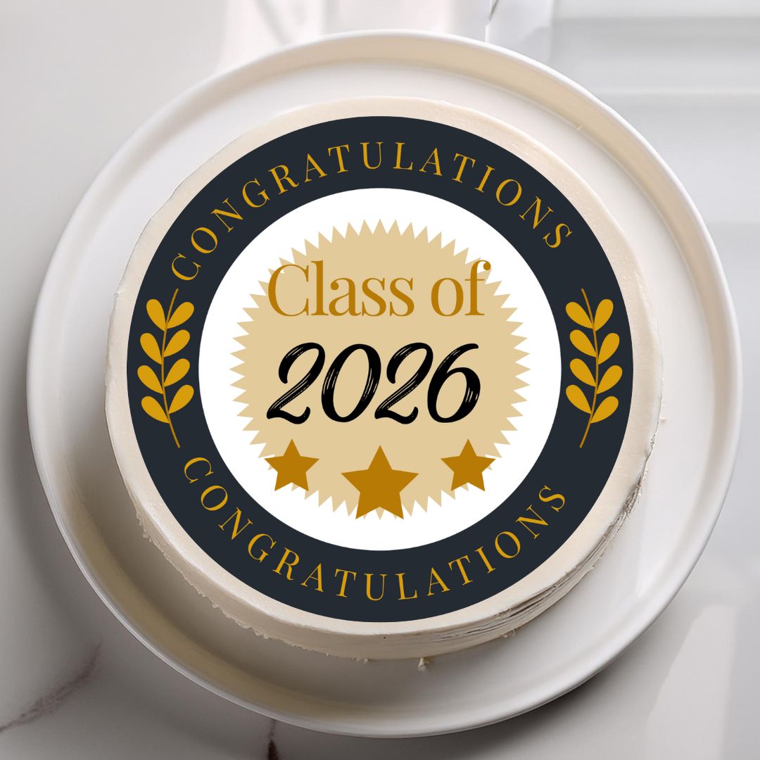 Decorative plate with 'Congratulations Class of 2026' text on a white background