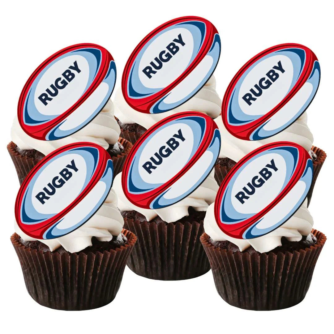 Rugby Ball Cupcake Toppers on chocolate cupcakes with white frosting