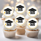 Cupcakes with graduation-themed toppers displaying '2026' on a blurred background