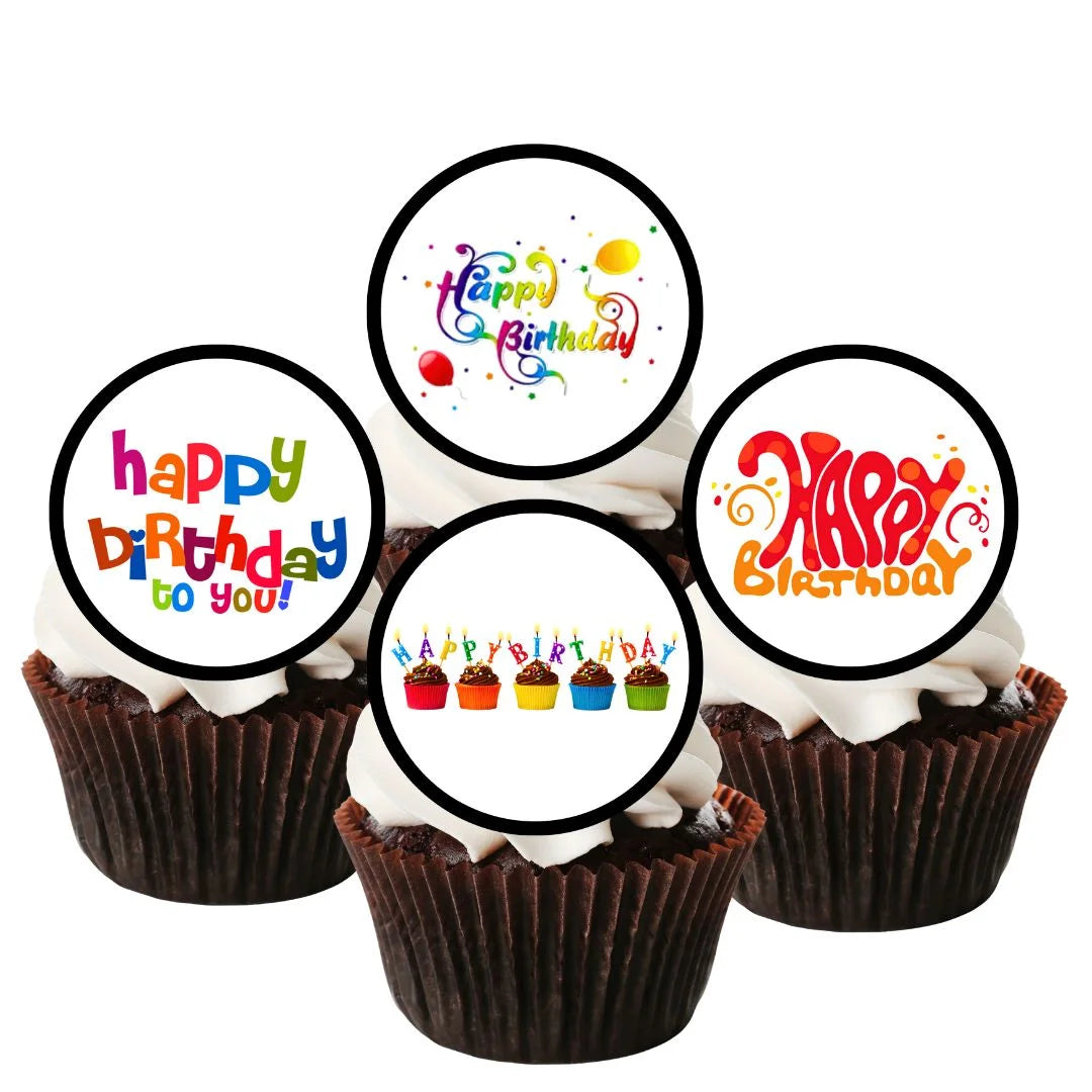 Bright and colourful happy birthday cupcake toppers on chocolate cupcakes with white icing