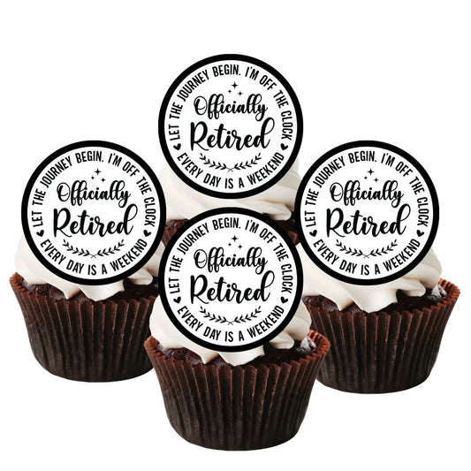 Black and white officially retired cupcake toppers, placed on chocolate cupcakes with white icing