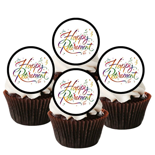 Colourful happy retirement cupcake toppers placed on chocolate cupcakes with white frosting