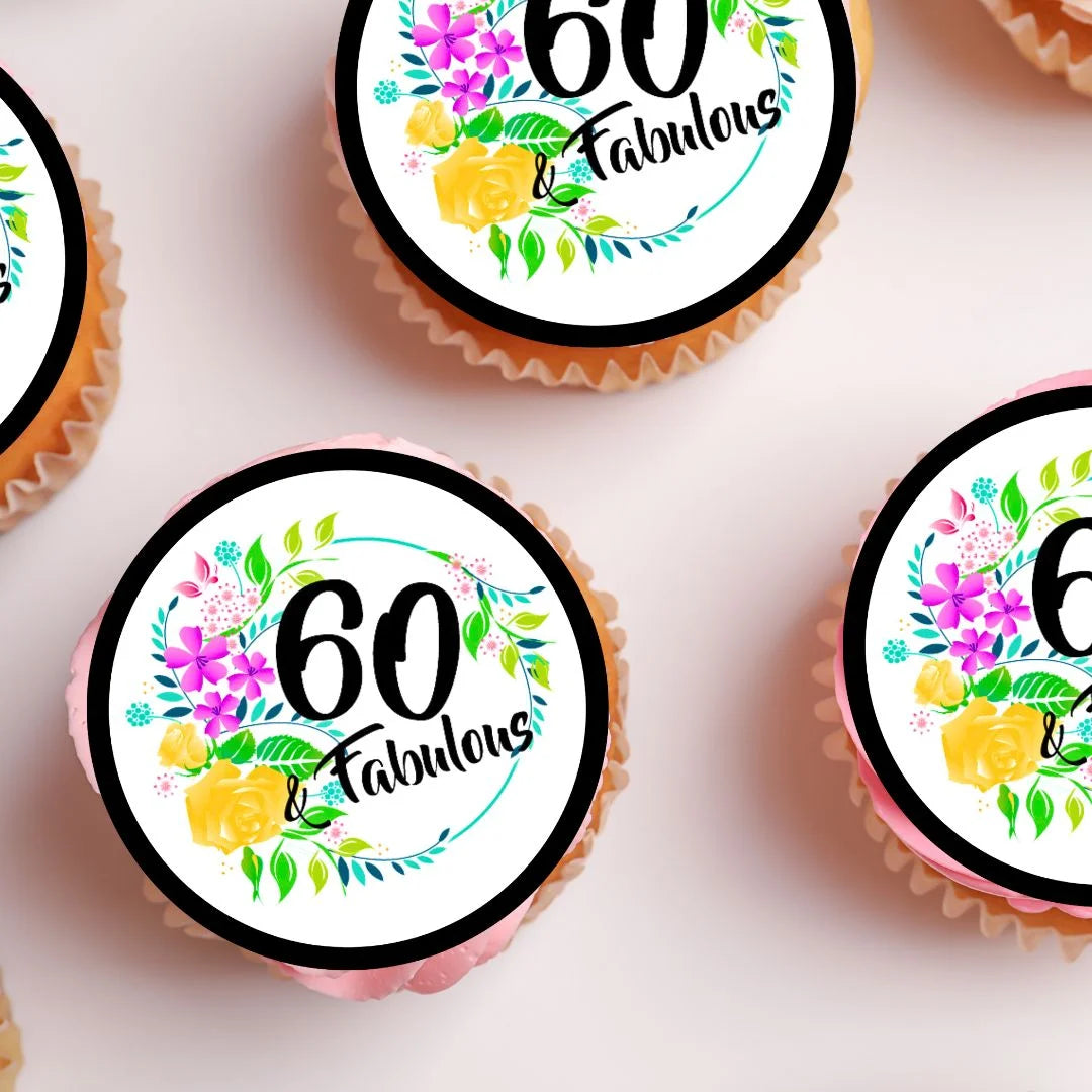  60 & Fabulous Edible Cupcake Toppers with floral details and black text