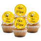 Cupcakes with 'Bee Mine' toppers on a white background
