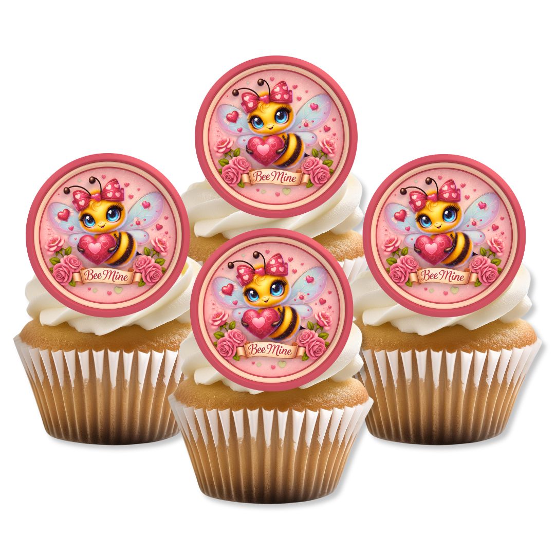 Cupcakes with cartoon bee toppers on a white background