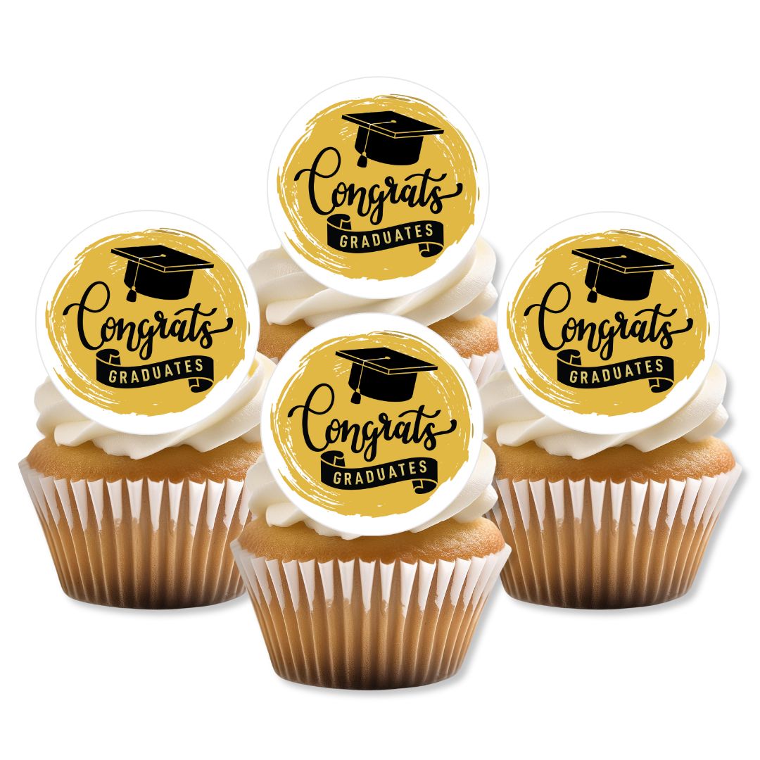 Cupcakes with 'Congrats Graduates' toppers on a white background
