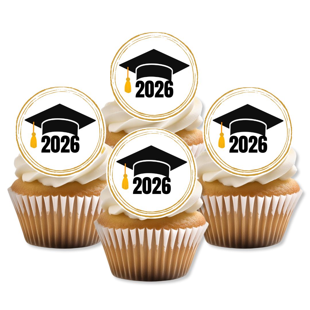 Cupcakes with '2026' and graduation cap toppers on a white background