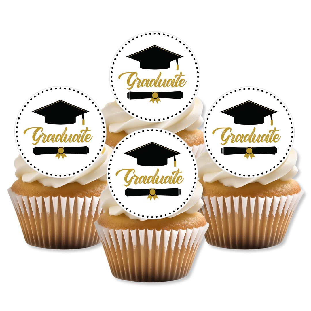 Cupcakes with 'Graduate' toppers featuring a graduation cap design on a white background.