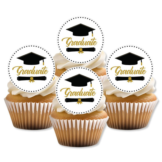 Cupcakes with 'Graduate' toppers featuring a graduation cap design on a white background.