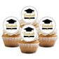 Cupcakes with 'Graduate' toppers featuring a graduation cap design on a white background.