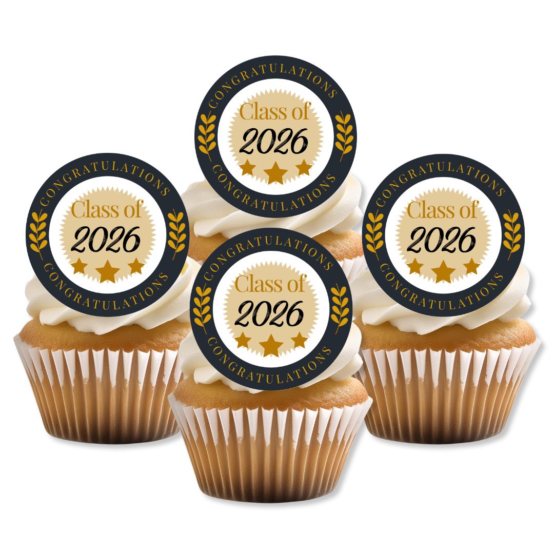 Cupcakes with 'Congratulations Class of 2026' toppers on a white background