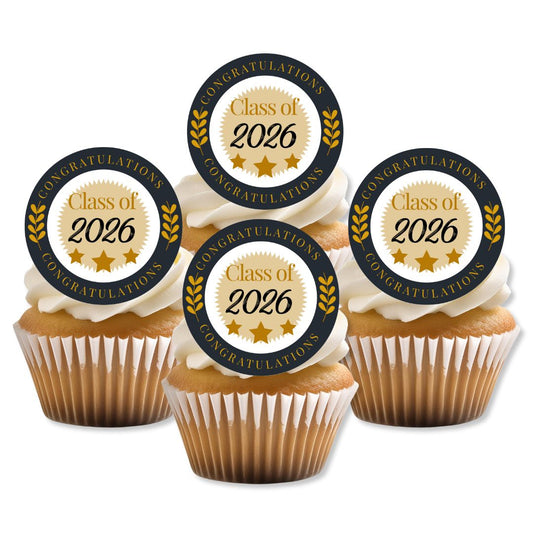 Cupcakes with 'Congratulations Class of 2026' toppers on a white background