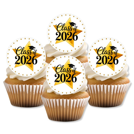 Cupcakes with 'Class of 2026' toppers on a white background