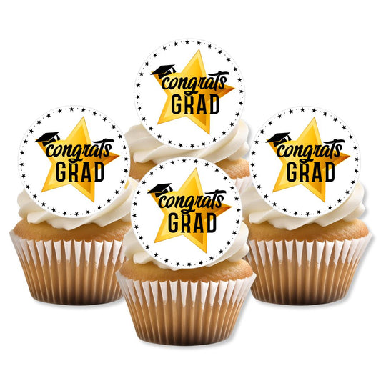 Cupcakes with 'Congrats Grad' toppers on a white background