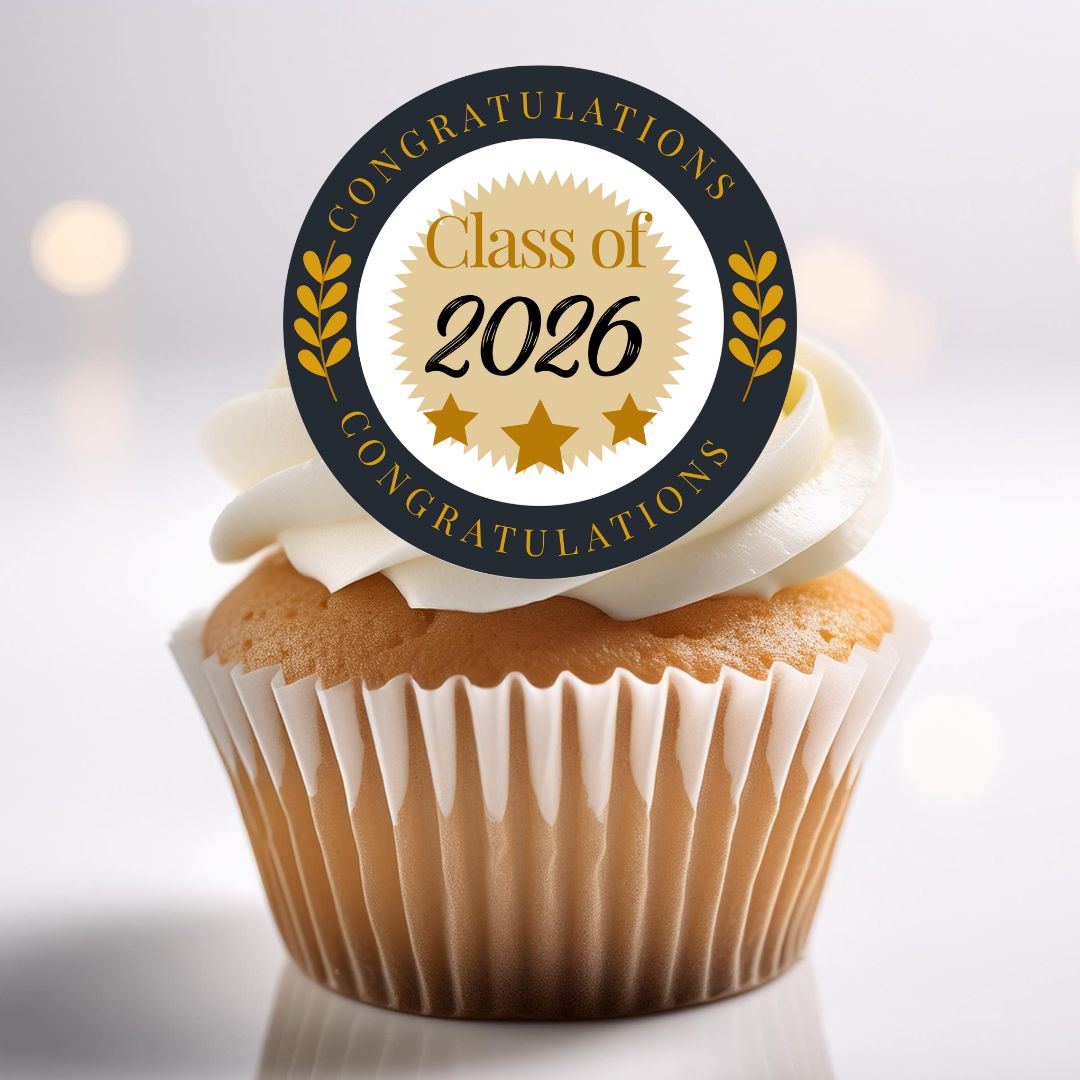 Cupcake with a 'Congratulations Class of 2026' topper on a white background