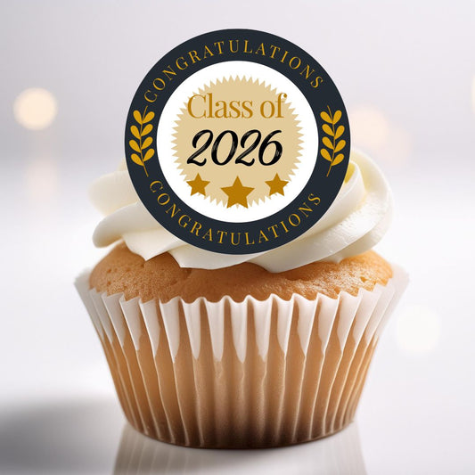 Cupcake with a 'Congratulations Class of 2026' topper on a white background