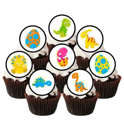 Colourful cartoon dinosaur cake toppers on top of chocolate cupcakes with white icing