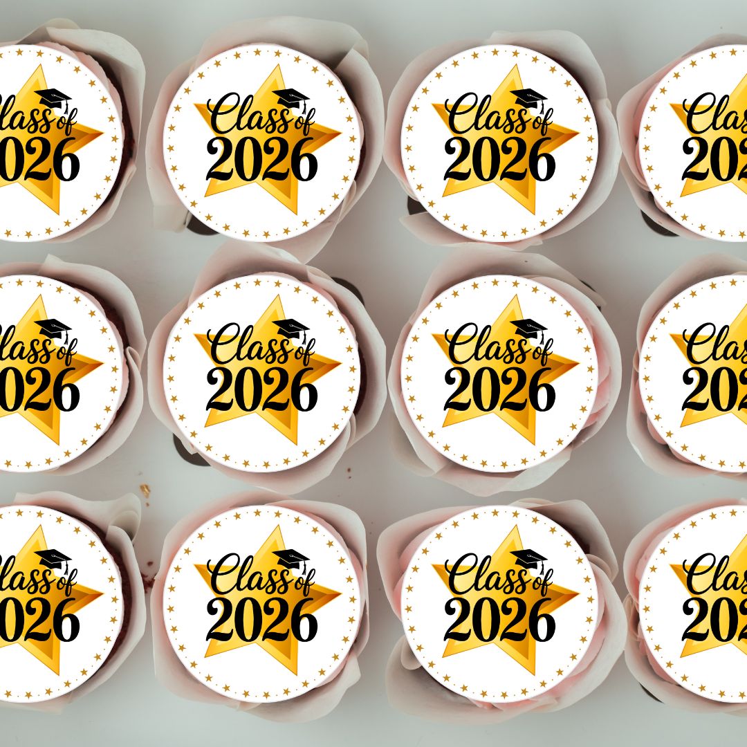 Cupcakes with 'Class of 2026' toppers arranged in rows.
