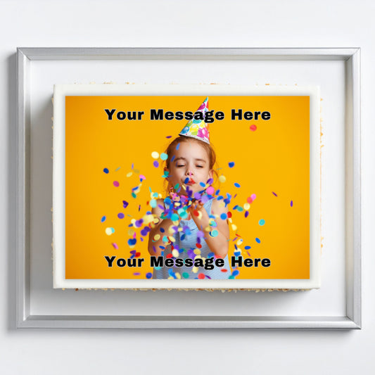 Framed edible photo cake of a child blowing confetti with customizable text on an orange background