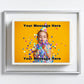 Framed edible photo cake of a child blowing confetti with customizable text on an orange background