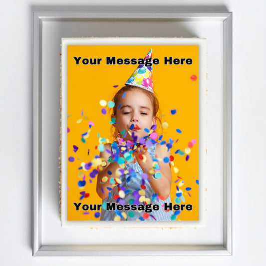 edible photo of a child blowing confetti with customizable text overlay