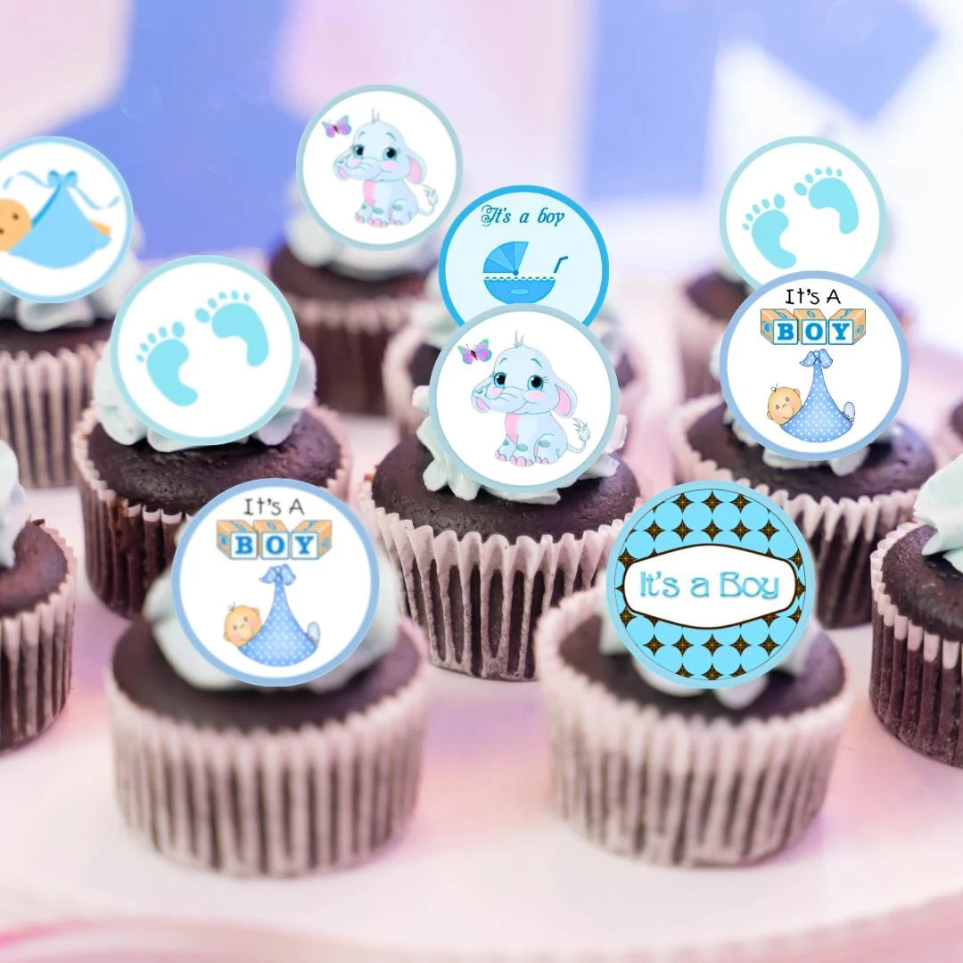 chocolate frosted cupcakes with blue it's a boy edible cake toppers