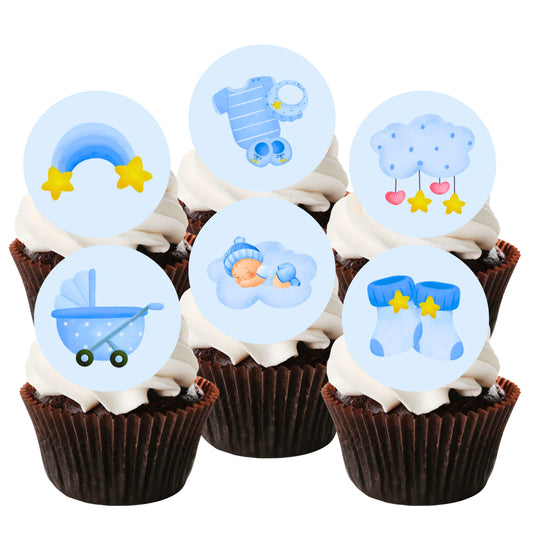 six cupcakes with blue boy themed edible cupcake toppers