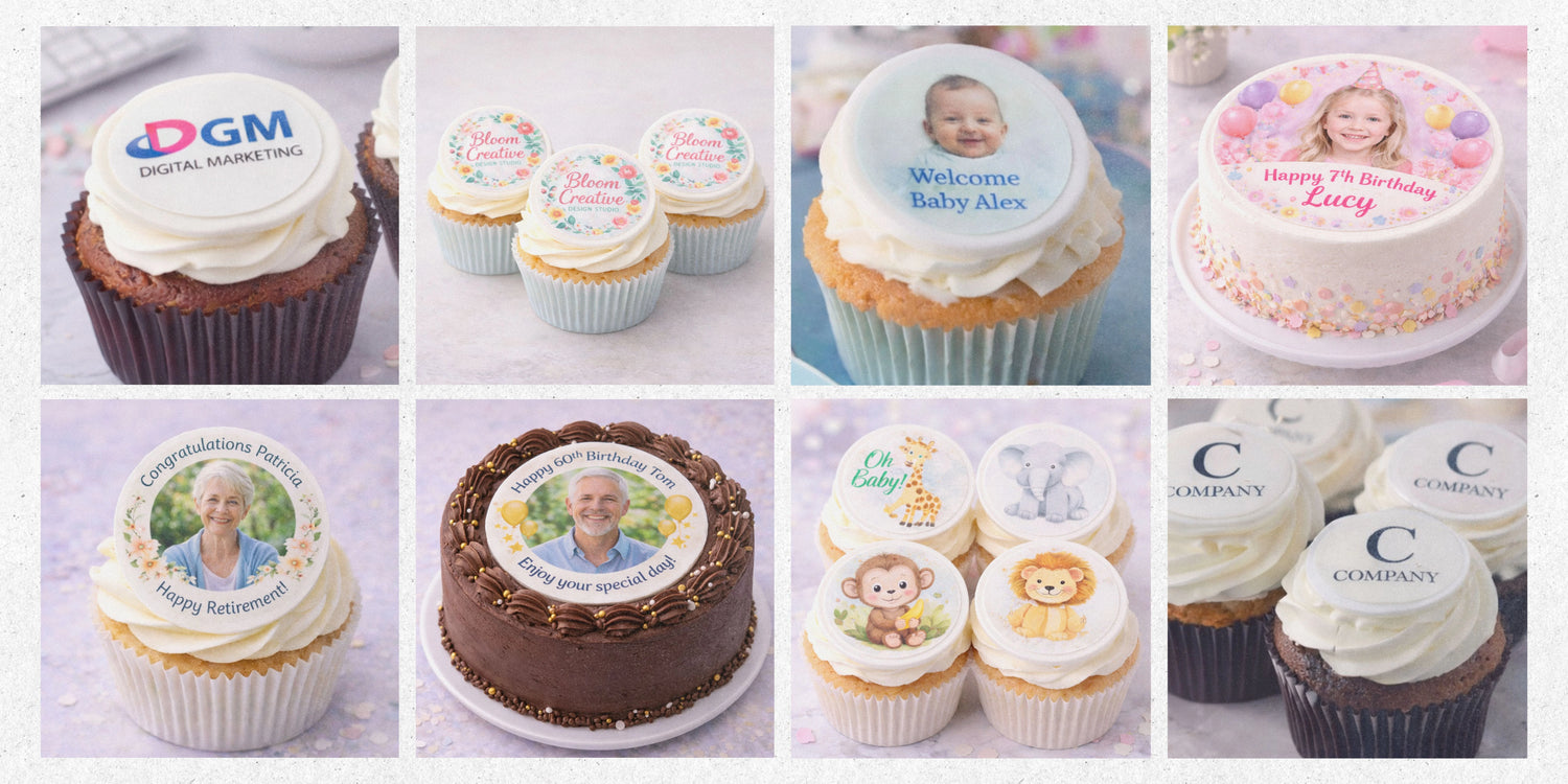 Collection of personalized cakes and cupcakes with various designs and text.