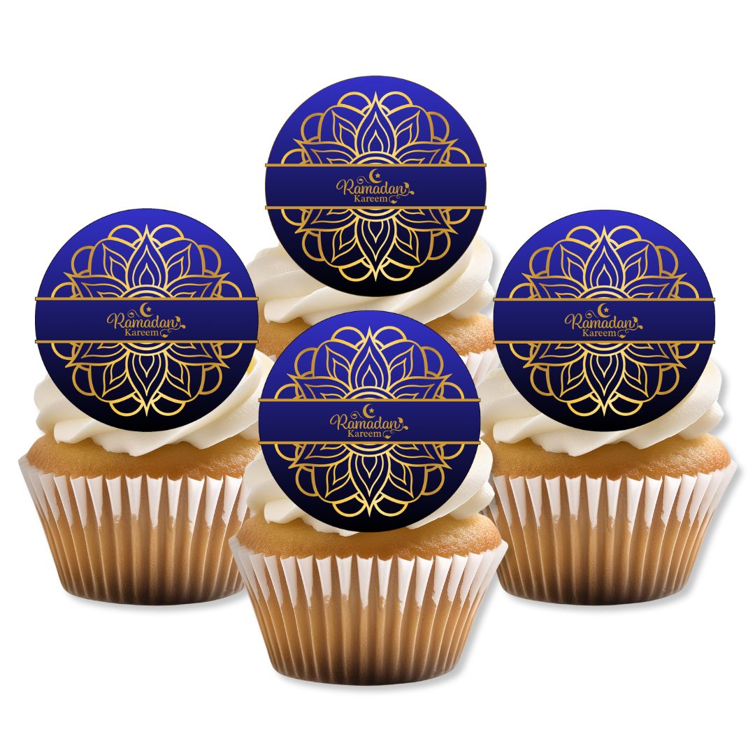 Cupcakes with blue and gold 'Ramadan' toppers on a white background