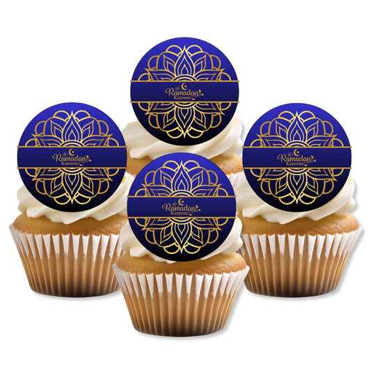 Cupcakes with blue and gold 'Ramadan' toppers on a white background