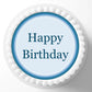 blue happy birthday edible cake topper placed on white iced cake