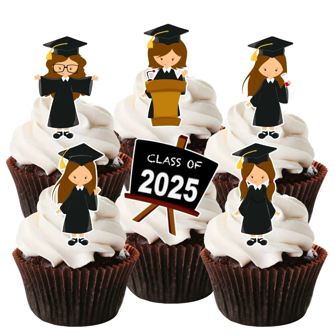 Graduation Girl with brown hair Edible Cupcake Toppers on white frosted cupcakes 