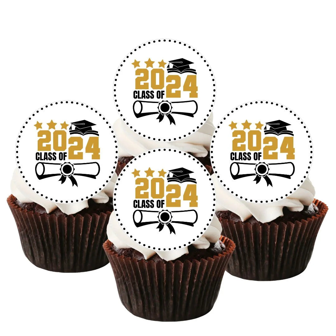 Class of 2024 Round Edible Cupcake Toppers on chocolate cupcakes with white frosting 