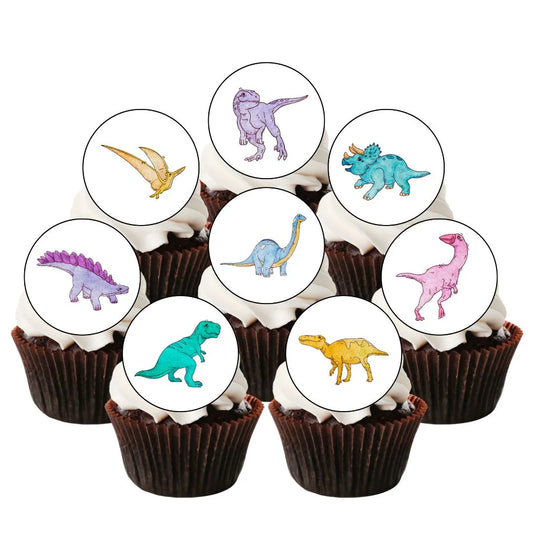 colourful dinosaur illustrated cake toppers on frosted cupcakes