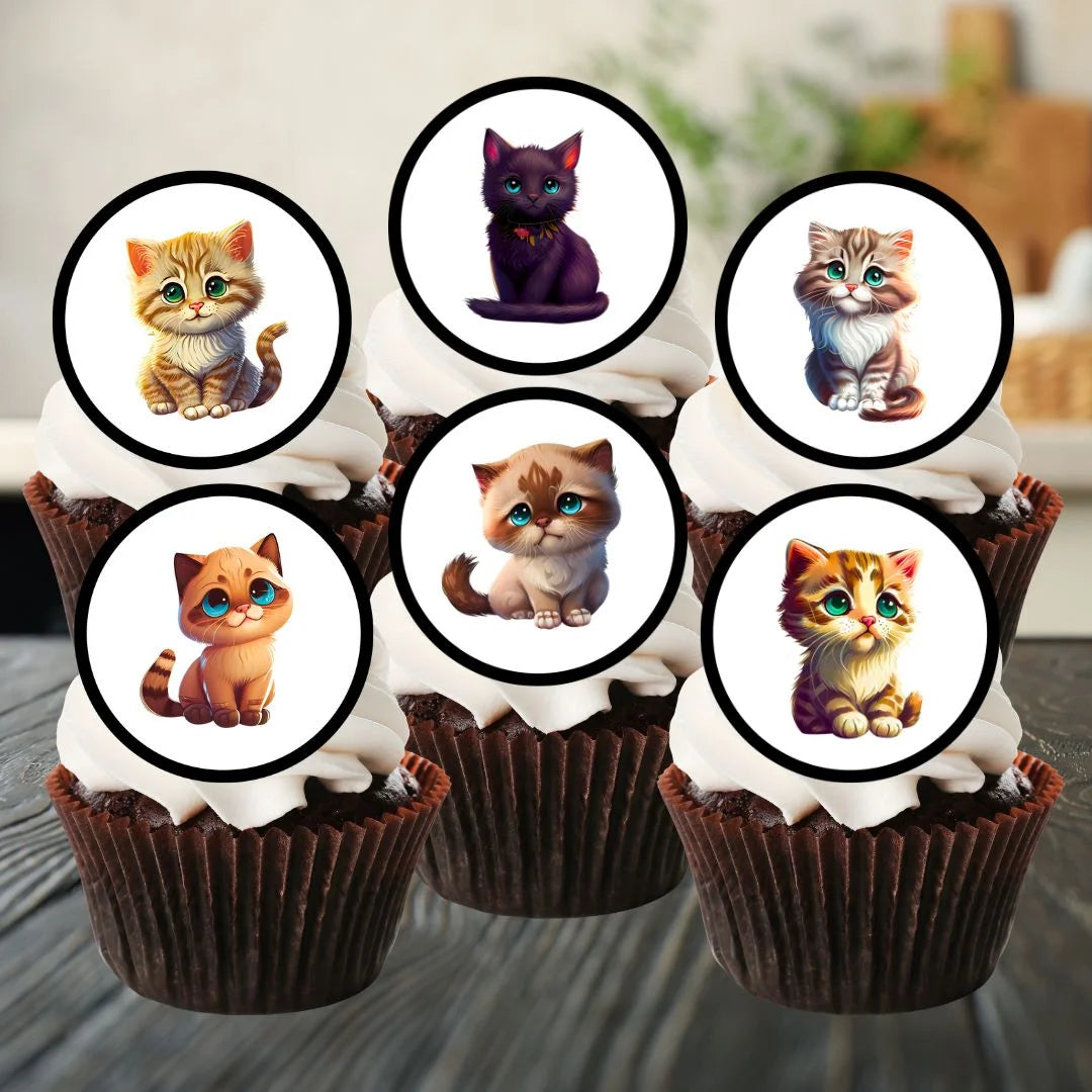 six chocolate cupcakes with white frosting and circular cupcake toppers featuring cartoon style cats