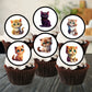 six chocolate cupcakes with white frosting and circular cupcake toppers featuring cartoon style cats