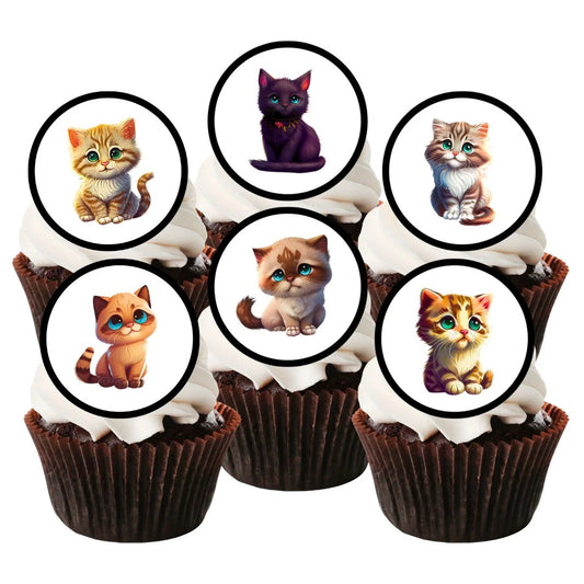 six chocolate cupcakes with white frosting and circular cupcake toppers featuring cartoon style cats