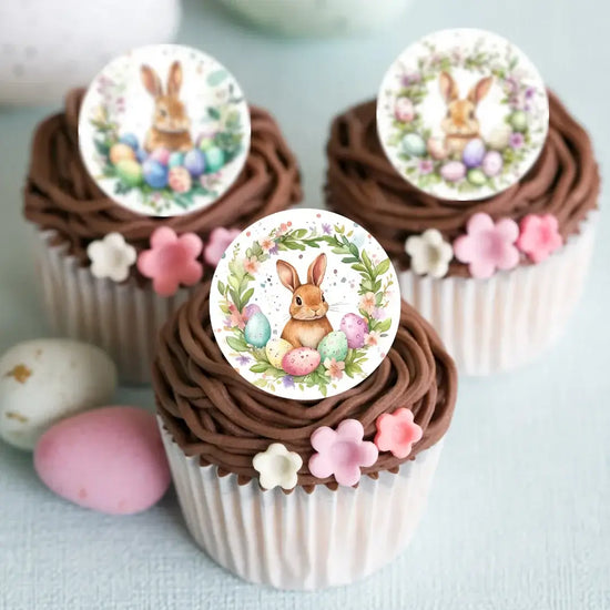 Easter bunny wreath design edible cupcake toppers, placed on chocolate frosted cupcakes