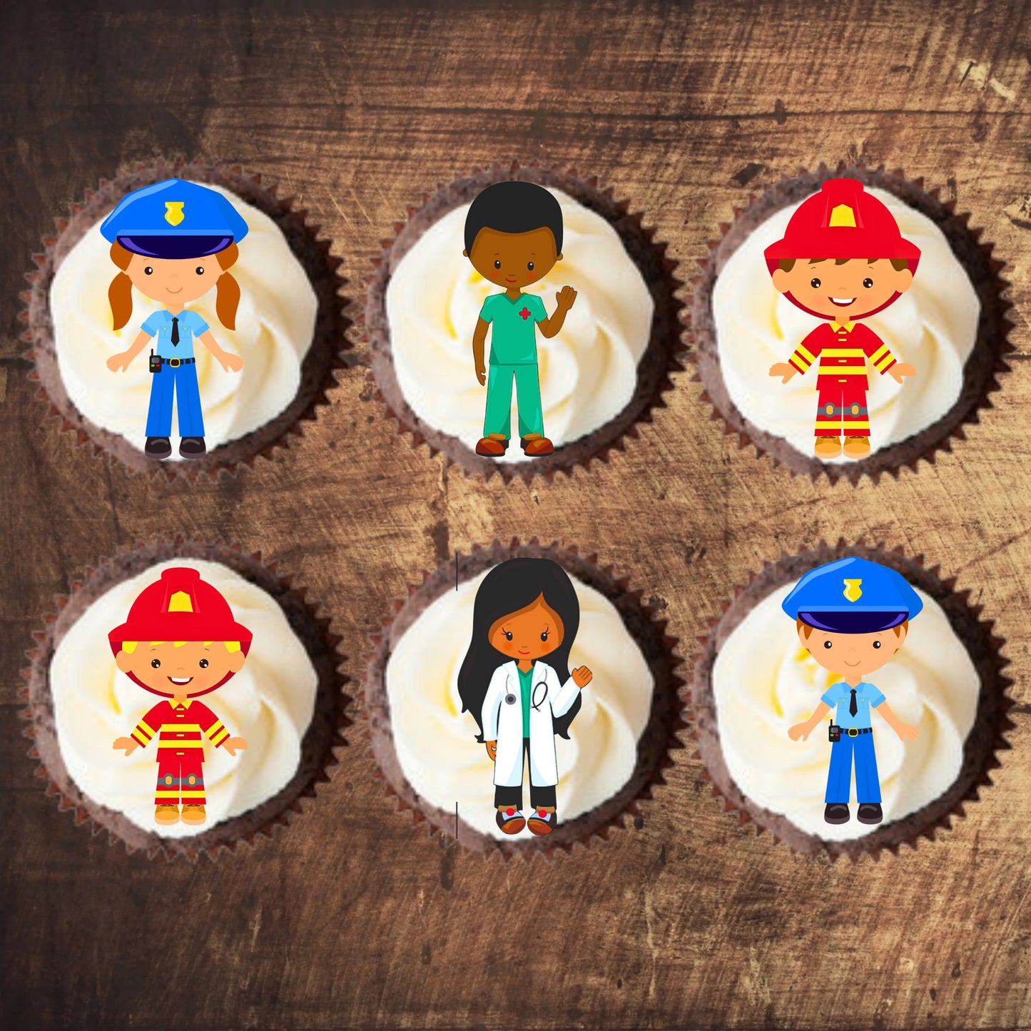 Emergency Services Theme Edible Cupcake Toppers  featuring doctor, fire fighter and police character. The toppers are on chocolate cupcakes with white frosting