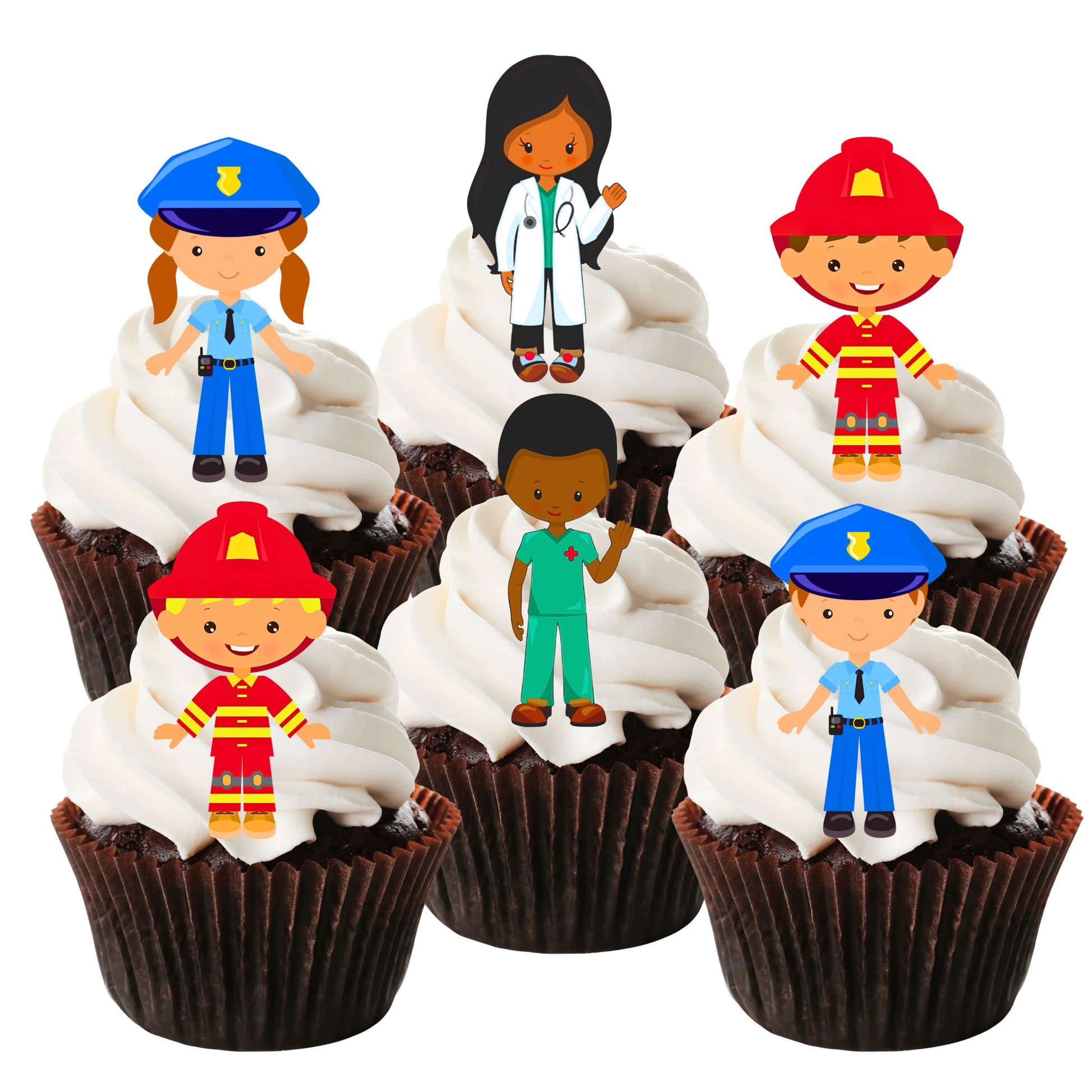 Emergency Services Theme Edible Cupcake Toppers  featuring doctor, fire fighter and police character. The toppers are on chocolate cupcakes with white frosting