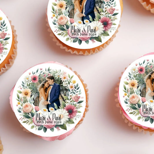 Floral Personalised Engagement Cupcake Toppers on pink frosted cupcakes