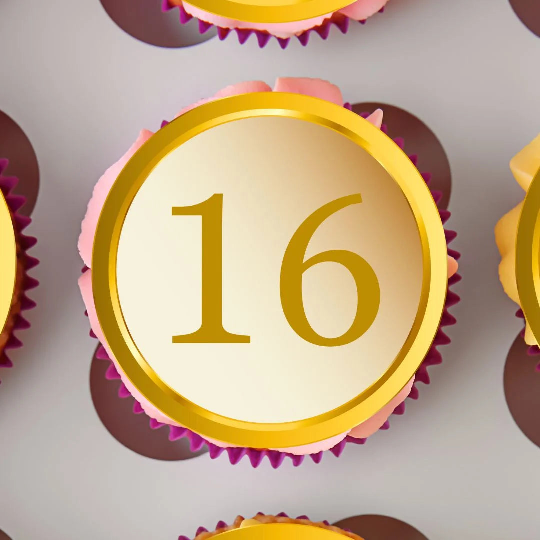 gold coloured cupcake topper with the number 16, placed on pink frosted cupcakes