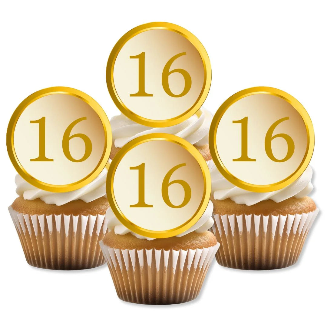 gold coloured cupcake toppers with the number 16, placed on white frosted cupcakes